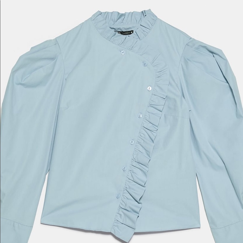 Zara Ruffled Poplin High Collar Blue Shirt With Puff Sleeves Blouse M